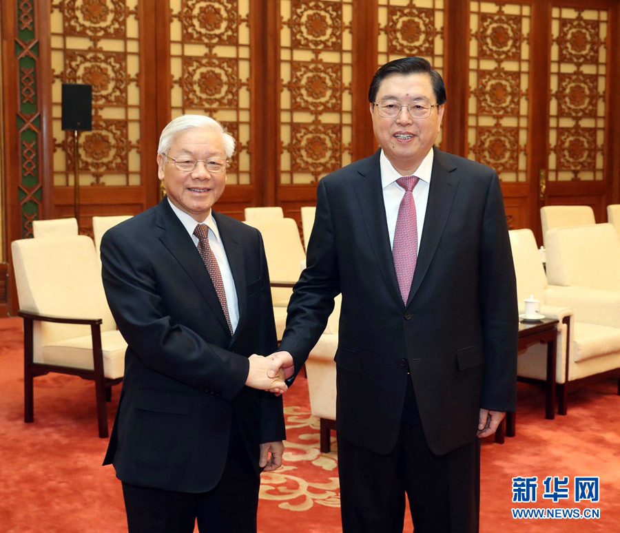 1月13日，中共中央政治局常委、全國人大常委會委員長張德江在北京人民大會堂會見越共中央總書記阮富仲。 新華社記者 劉衛(wèi)兵 攝