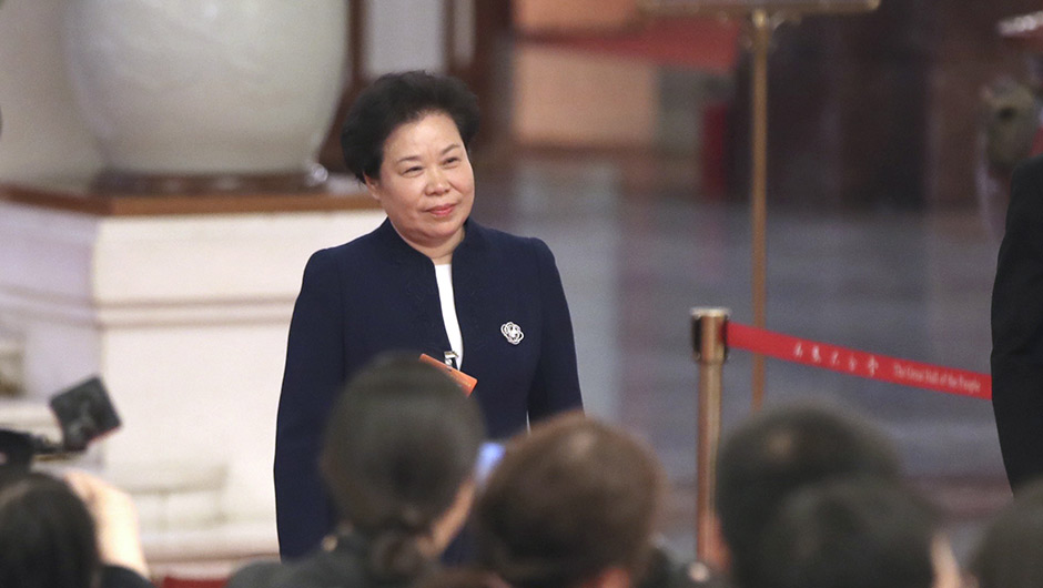 劉雅鳴步入&ldquo;部長(zhǎng)通道&rdquo;，準(zhǔn)備接受采訪