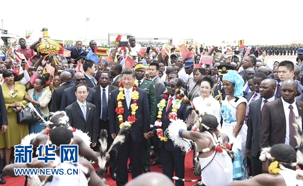 12月1日，中國國家主席習(xí)近平乘專機(jī)抵達(dá)津巴布韋首都哈拉雷，開始對津巴布韋進(jìn)行國事訪問。津巴布韋總統(tǒng)穆加貝在機(jī)場舉行隆重歡迎儀式。這是當(dāng)?shù)孛癖娞饸g快熱情的傳統(tǒng)舞蹈，歡迎習(xí)近平和彭麗媛到訪。新華社記者 謝環(huán)馳 攝 